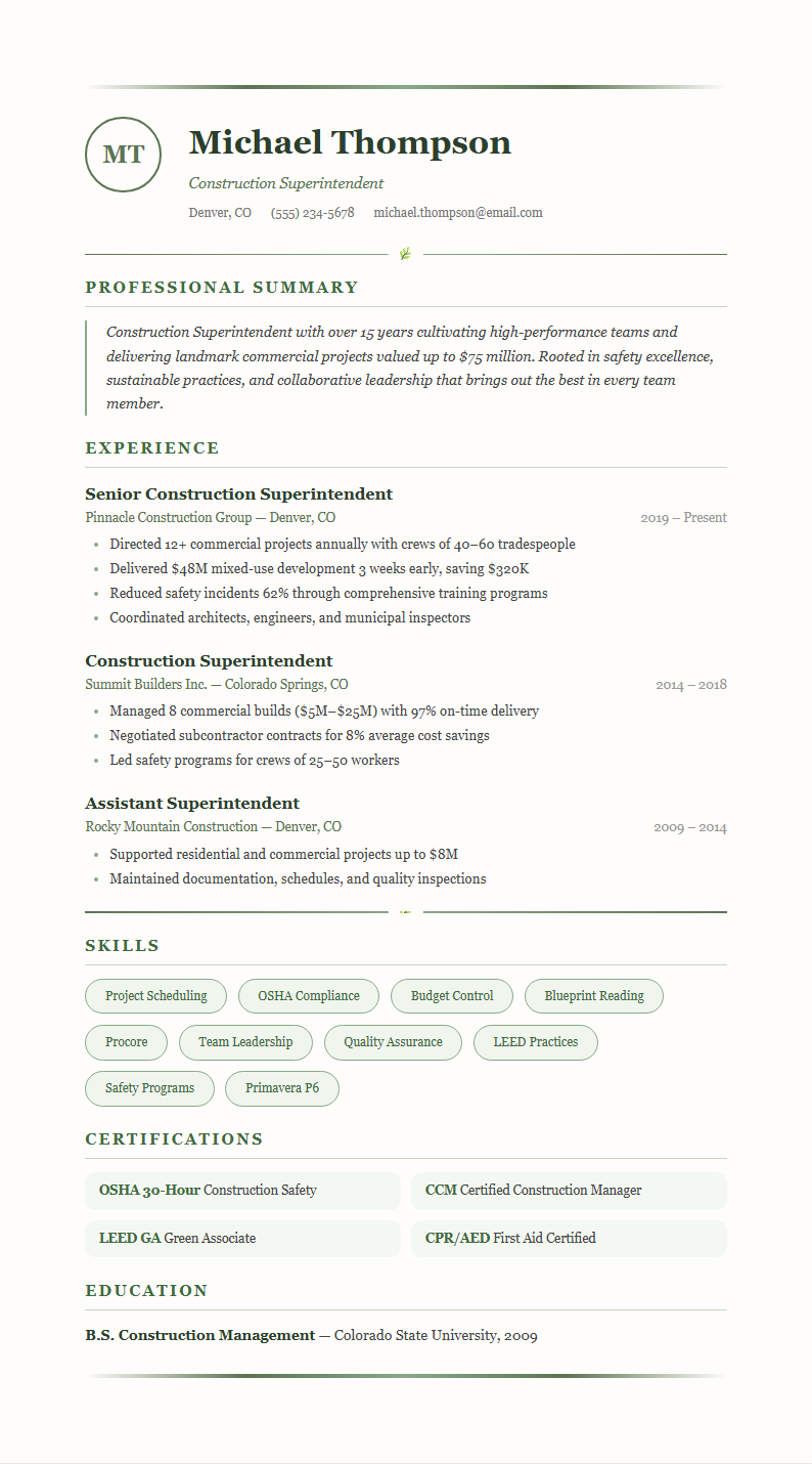 Natural botanical construction superintendent resume